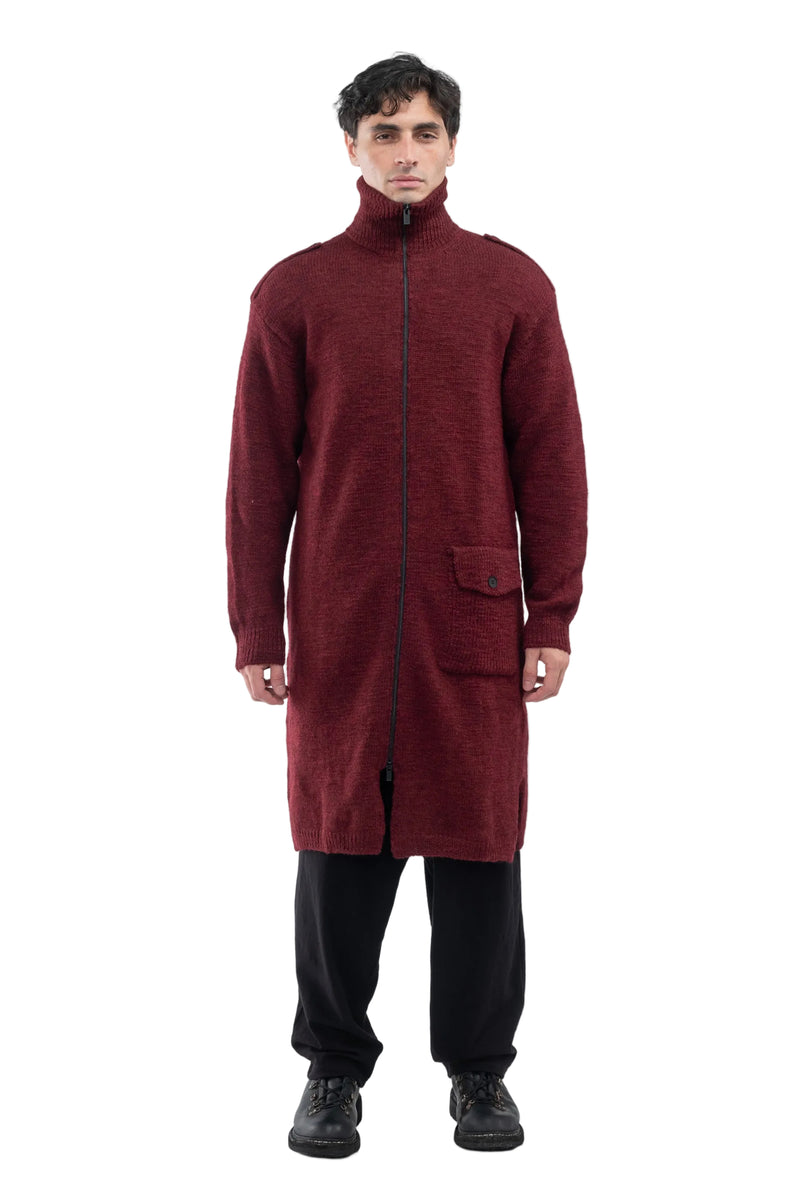 High Neck Long Cardigan Red