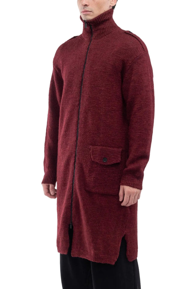 High Neck Long Cardigan Red