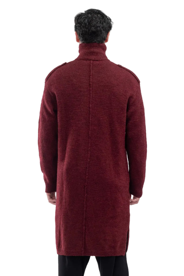 High Neck Long Cardigan Red