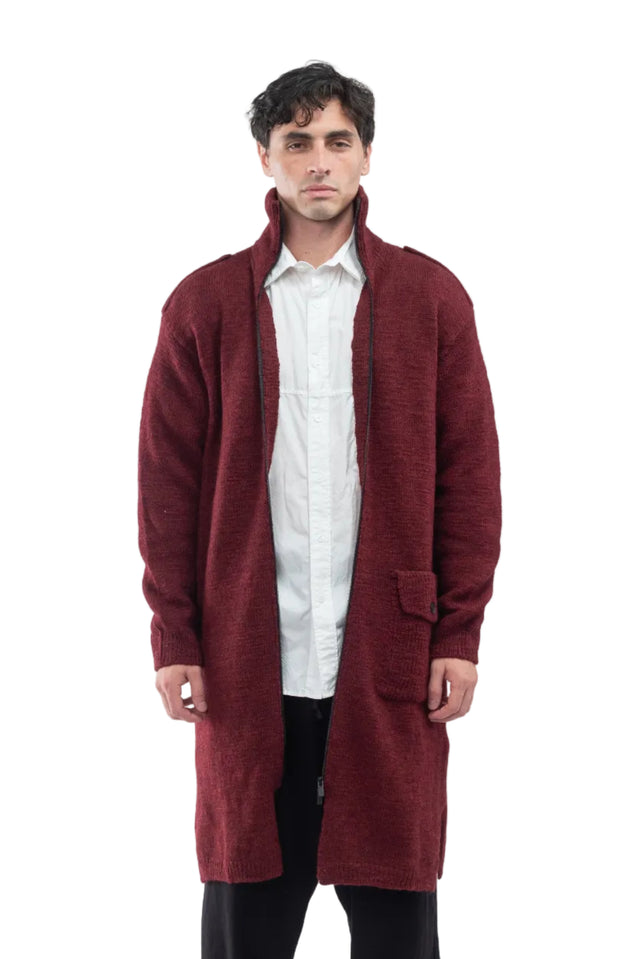 High Neck Long Cardigan Red