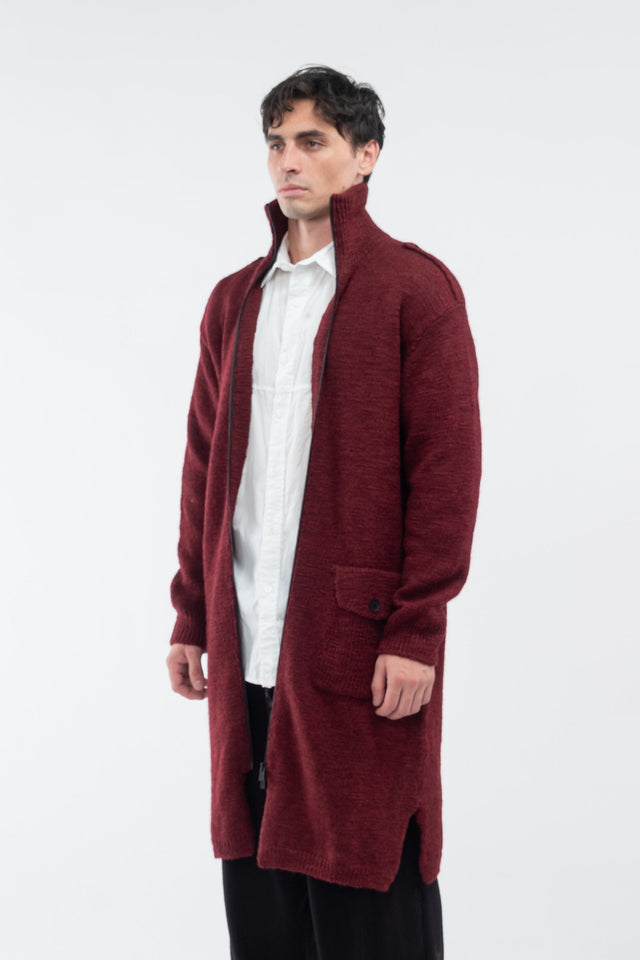 High Neck Long Cardigan Red